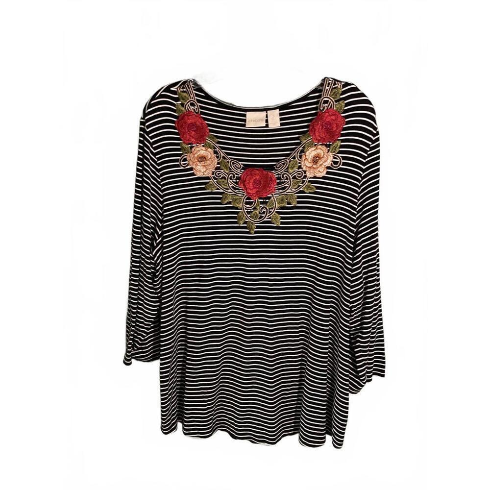 Chico’s Floral Fall Embroidered Black and White Striped Top